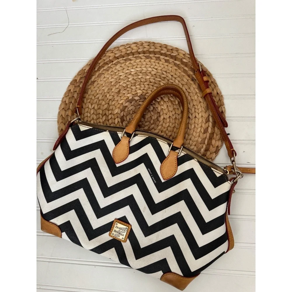 Dooney & Bourke Chevron Leather Satchel Bag Black and White Geometric